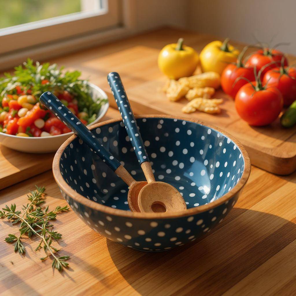 Dexam Mango Wood Salad Bowl, Ink Blue Spotted Hand-Finished Design - Eco-Friendly & Perfect For Outdoor Dining