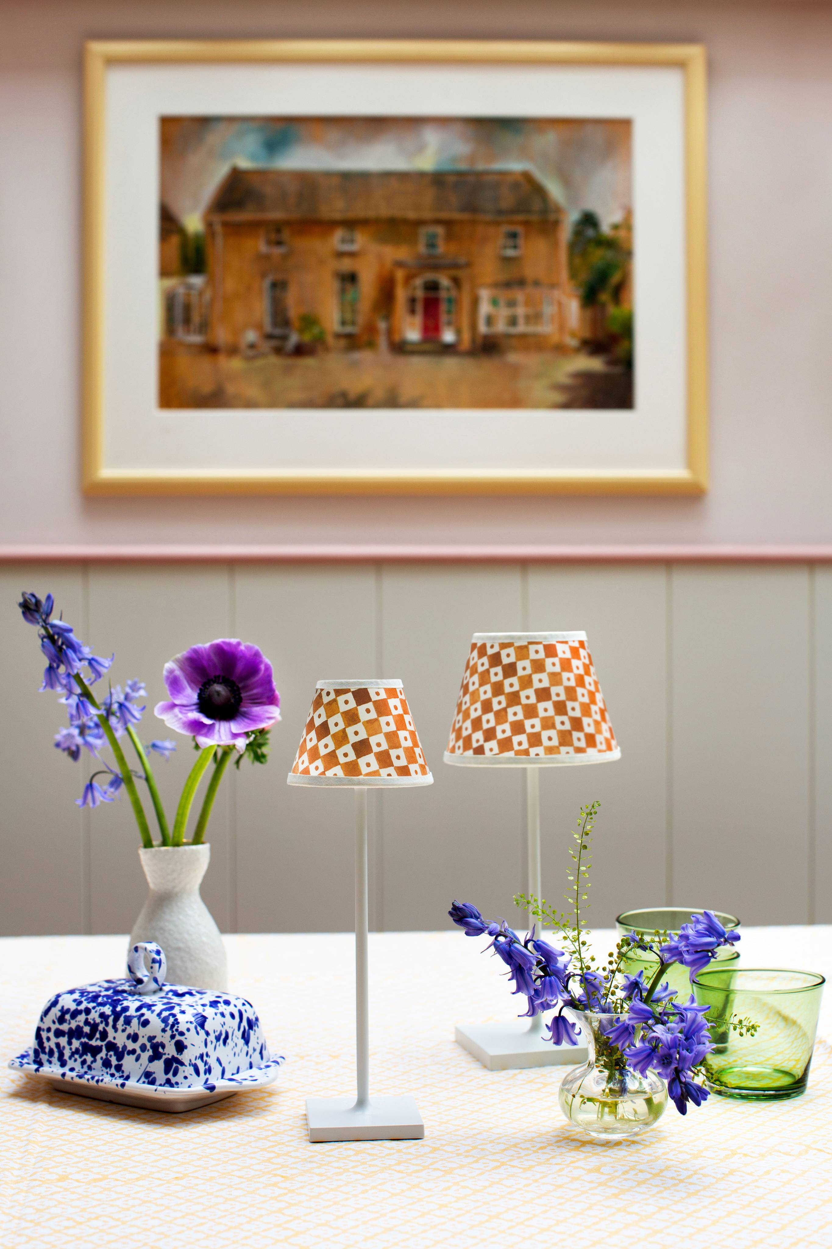 Small Chalky White Cordless Lamp And Mustard Yellow Checkerboard Lampshade
